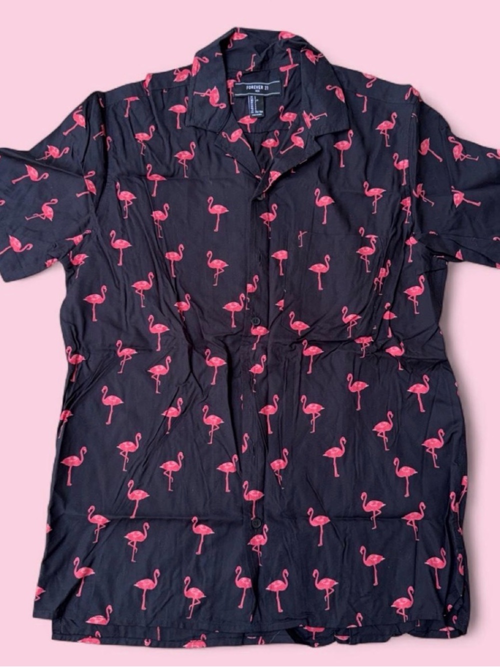 Forever 21 Black Short-Sleeve Button Front Shirt with Pink Flamingo Print